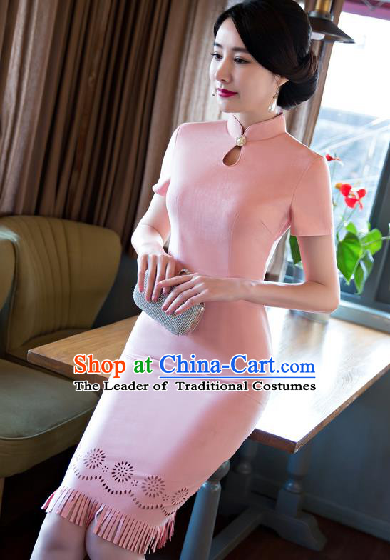 Chinese Top Grade Elegant Suede Fabric Qipao Dress Traditional Republic of China Tang Suit Pink Cheongsam for Women