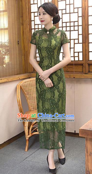 Chinese Top Grade Elegant Qipao Dress Traditional Republic of China Tang Suit Green Lace Cheongsam for Women