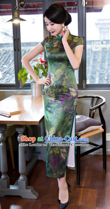 Top Grade Chinese Elegant Printing Green Silk Cheongsam Traditional Republic of China Tang Suit Qipao Dress for Women