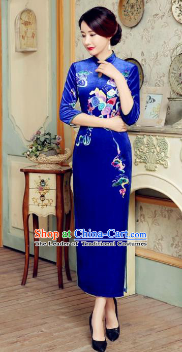 Traditional Chinese Elegant Cheongsam China Tang Suit Printing Blue Velvet Qipao Dress for Women