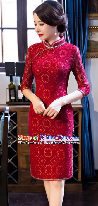 Traditional Chinese Elegant Cheongsam China Tang Suit Red Lace Qipao Dress for Women