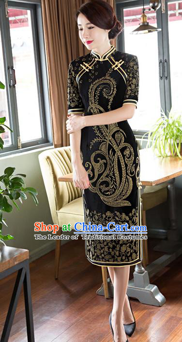Chinese Traditional Costume Elegant Black Velvet Cheongsam China Tang Suit Qipao Dress for Women