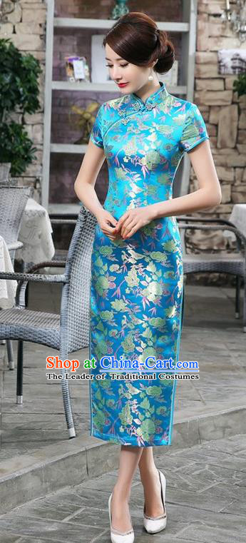 Chinese Traditional Costume Cheongsam China Tang Suit Blue Brocade Qipao Dress for Women