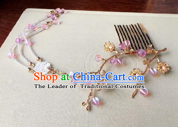 Traditional Handmade Chinese Ancient Classical Hair Accessories Pink Beads Tassel Hair Comb Hairpins for Women