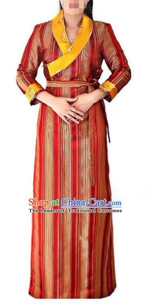 Chinese Traditional Zang Nationality Red Dress, China Tibetan Ethnic Heishui Dance Costume for Women