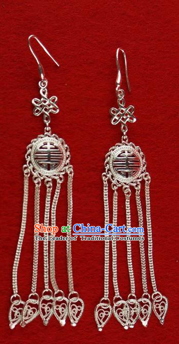 Chinese Traditional Zang Nationality Silver Tassel Earrings Accessories, China Tibetan Ethnic Eardrop for Women