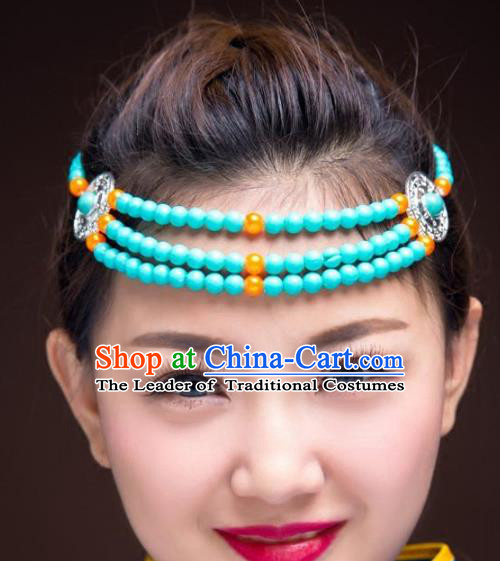 Traditional Chinese Mongol Nationality Hair Accessories, Mongolian Minority Blue Beads Headwear for Women