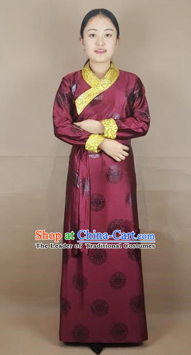 Chinese Zang Nationality Folk Dance Wine Red Brocade Tibetan Robe, China Traditional Tibetan Ethnic Costume for Women