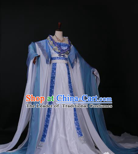 Traditional Chinese Princess Embroidered Costume Ancient Tang Dynasty Imperial Concubine Blue Hanfu Dress for Women