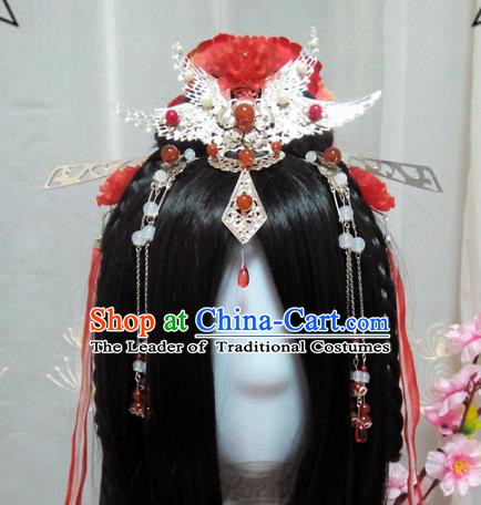 Chinese Traditional Handmade Swordswoman Wig and Hair Accessories Ancient Knight Phoenix Coronet Hairpins Headwear for Women