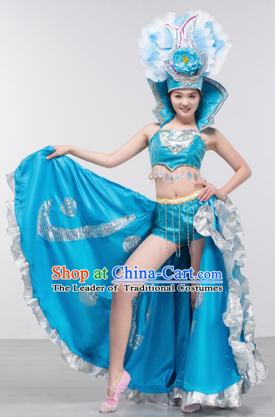 Spanish Traditional Paso Doble Costume Opening Dance Modern Dance Big Swing Blue Dress and Headpiece for Women