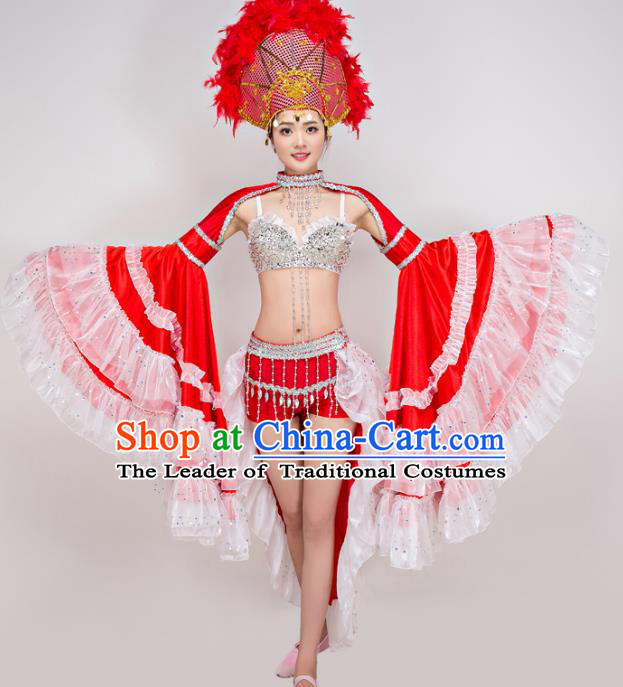 Top Grade Modern Dance Costume Opening Dance Red Clothing and Headpiece for Women
