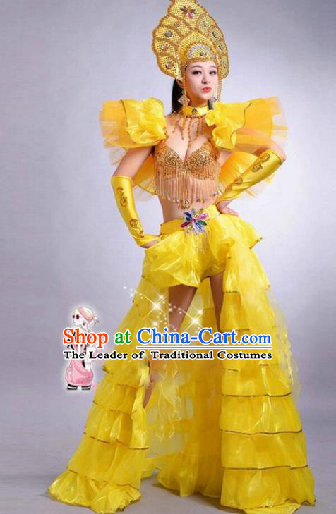 Top Grade Stage Performance Modern Dance Costume Opening Dance Yellow Clothing and Headpiece for Women