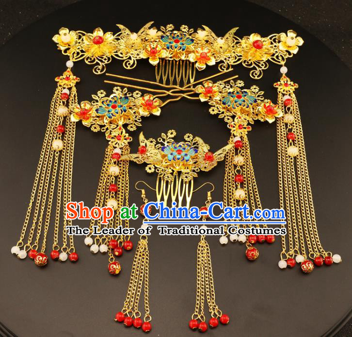 Chinese Traditional Handmade Wedding Hair Accessories Blueing Phoenix Coronet Ancient Hairpins Complete Set for Women