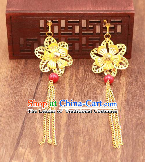 Traditional Chinese Jewelry Accessories Golden Flower Eardrop Ancient Hanfu Tassel Earrings for Women