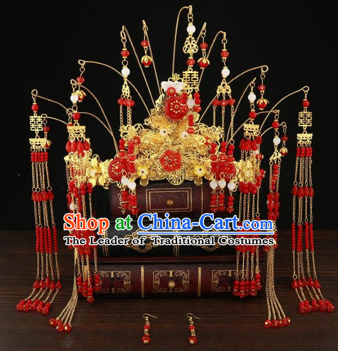 Chinese Traditional Hair Accessories Xiuhe Suit Handmade Red Beads Tassel Phoenix Coronet Ancient Hairpins Step Shake for Women