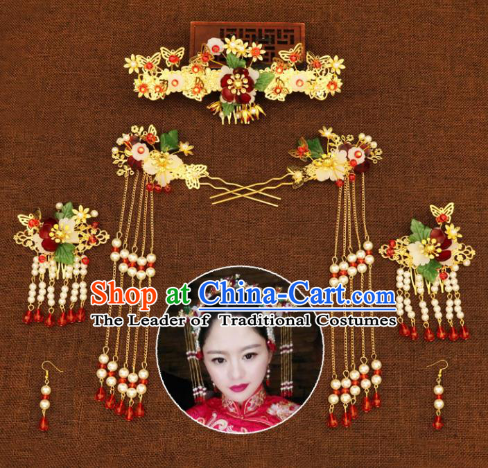 Chinese Traditional Handmade Hair Accessories Xiuhe Suit Hair Comb Ancient Hairpins Tassel Step Shake for Women