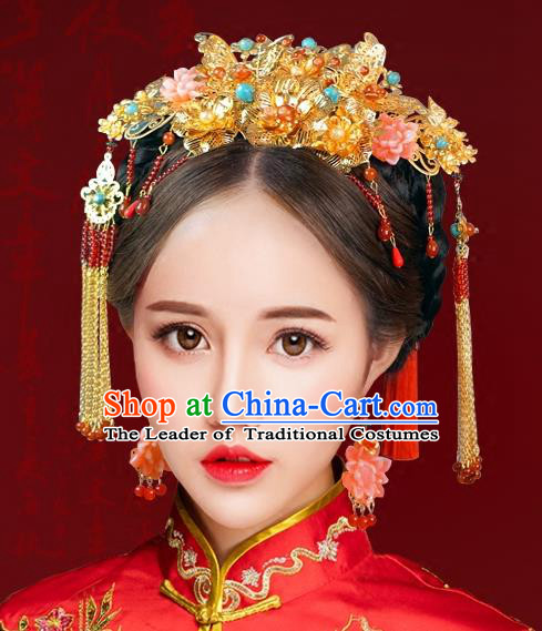 Chinese Traditional Handmade Hair Accessories Phoenix Coronet Ancient Hairpins Xiuhe Suit Hair Combs Complete Set for Women