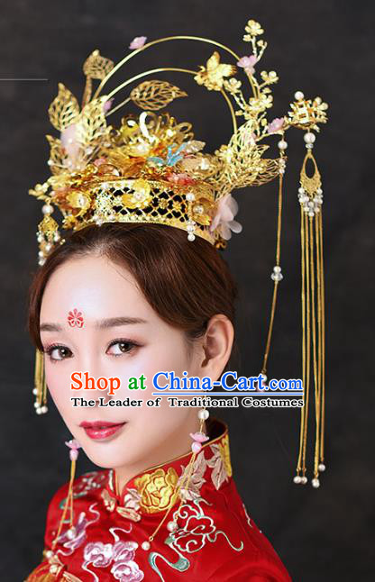 Chinese Traditional Handmade Hair Accessories Ancient Tassel Phoenix Coronet Hairpins Complete Set for Women