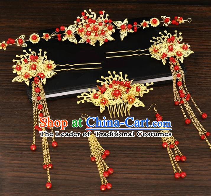 Chinese Traditional Wedding Xiuhe Suit Red Beads Hair Accessories Ancient Hairpins Complete Set for Women