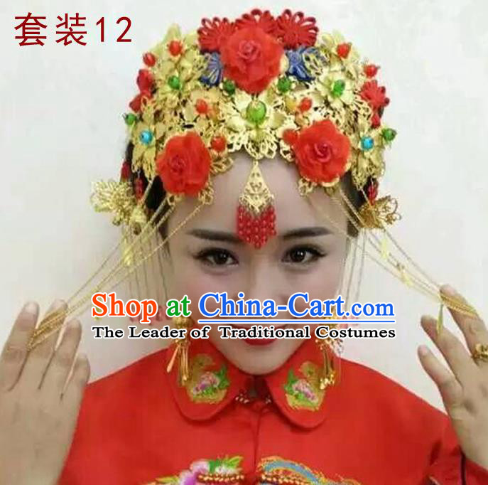 Chinese Traditional Wedding Xiuhe Suit Hair Accessories Ancient Hairpins Tassel Phoenix Coronet Complete Set for Women