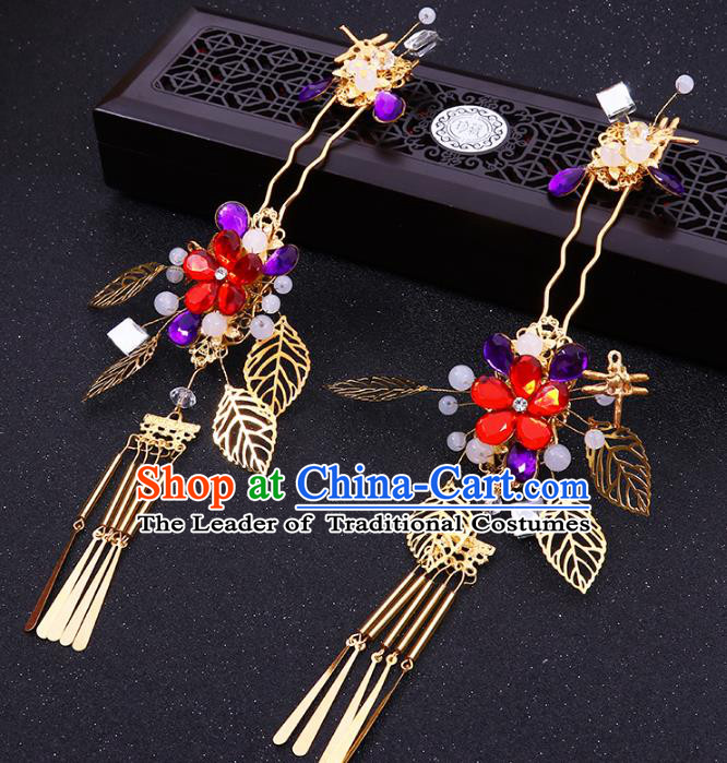 Chinese Traditional Xiuhe Suit Hair Accessories Flowers Tassel Hair Clips Ancient Bride Hairpins for Women