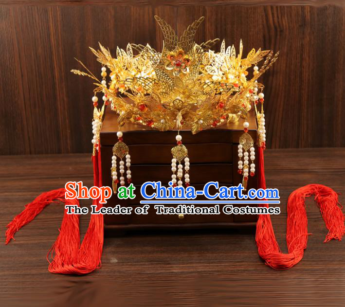 Chinese Traditional Xiuhe Suit Hair Accessories Ancient Pearls Tassel Phoenix Coronet Hairpins for Women