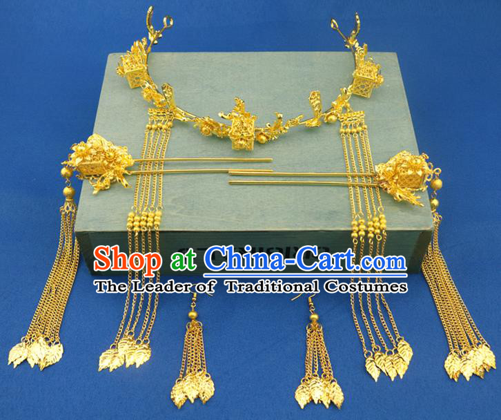 Chinese Traditional Xiuhe Suit Hair Accessories Golden Hair Clasp Ancient Bride Tassel Hairpins for Women