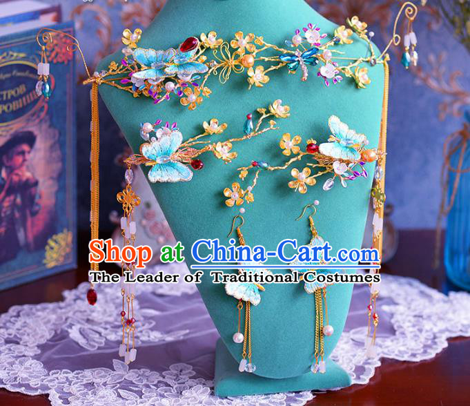 Chinese Traditional Handmade Hair Accessories Ancient Blue Butterfly Phoenix Coronet Hairpins for Women