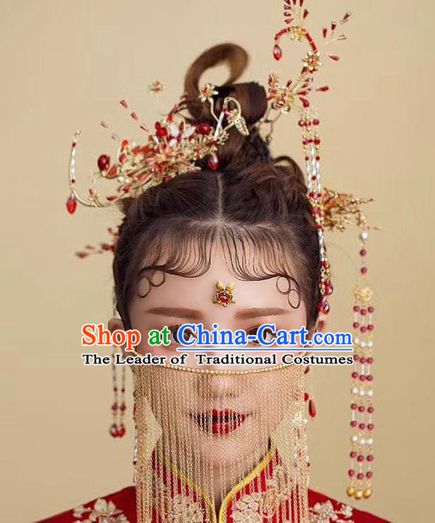 Chinese Ancient Handmade Phoenix Coronet Hair Accessories Complete Set Traditional Xiuhe Suit Tassel Hairpins for Women