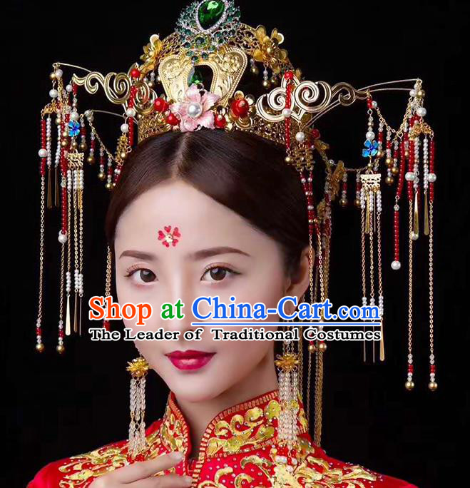 Chinese Ancient Handmade Green Crystal Phoenix Coronet Traditional Xiuhe Suit Hairpins Hair Accessories for Women