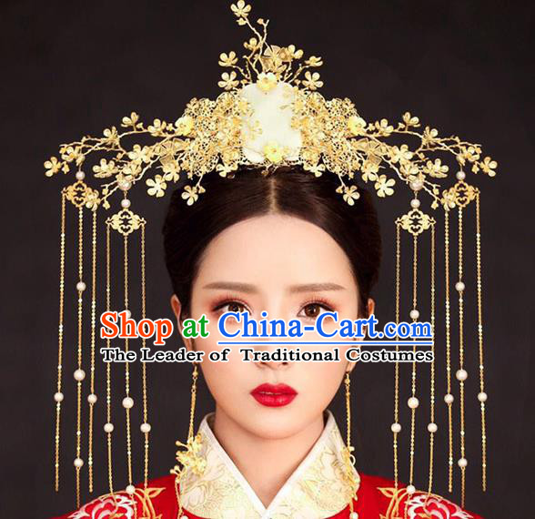 Chinese Ancient Handmade Jade Phoenix Coronet Traditional Xiuhe Suit Hairpins Hair Accessories for Women