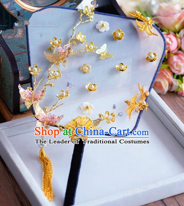 Chinese Handmade Wedding Accessories Palace Fans Hanfu Golden Butterfly Fans for Women