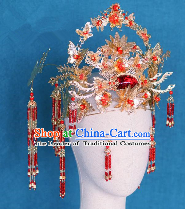 Ancient Chinese Handmade Red Crystal Phoenix Coronet Traditional Hair Accessories Xiuhe Suit Hairpins for Women