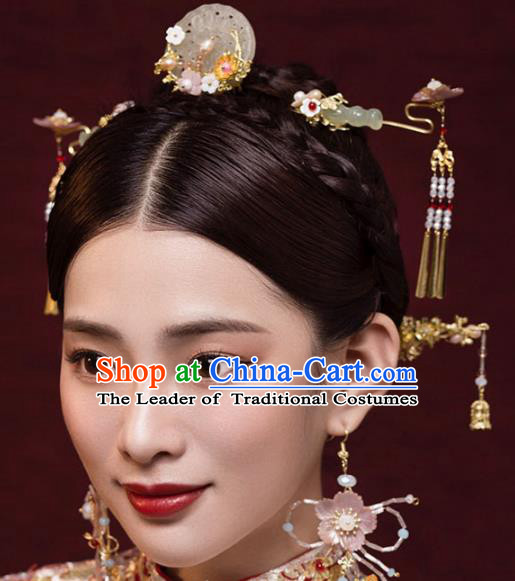 Ancient Chinese Handmade Classical Hair Accessories Jade Hair Comb Xiuhe Suit Hairpins Complete Set for Women