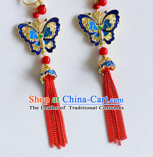Top Grade Chinese Handmade Wedding Blue Butterfly Tassel Earrings Accessories Bride Eardrop for Women