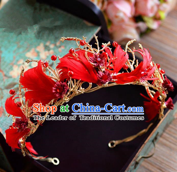 Top Grade Handmade Hair Accessories Baroque Red Feather Royal Crown Headwear for Women
