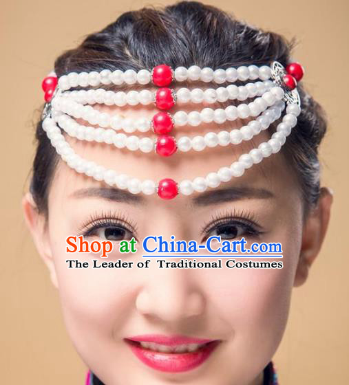 Traditional Chinese Mongol Nationality Handmade Hair Accessories, Handmade Mongolian Minority Red Beads Headwear for Women