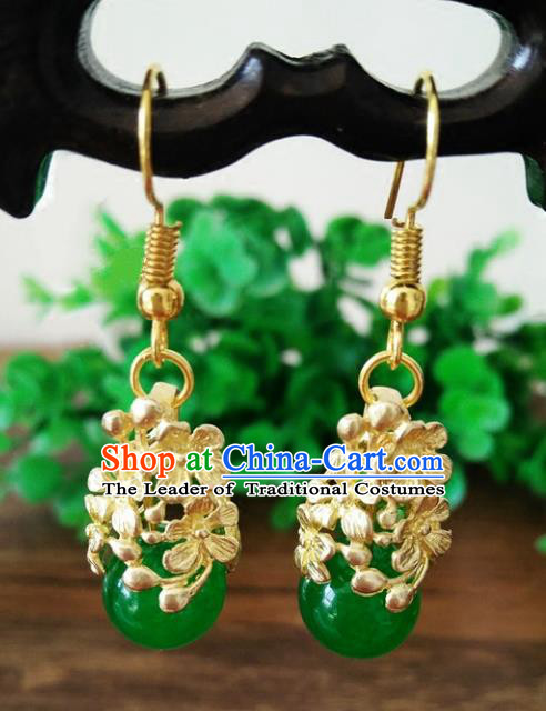 Chinese Handmade Accessories Hanfu Green Bead Eardrop Ancient Brass Earrings for Women