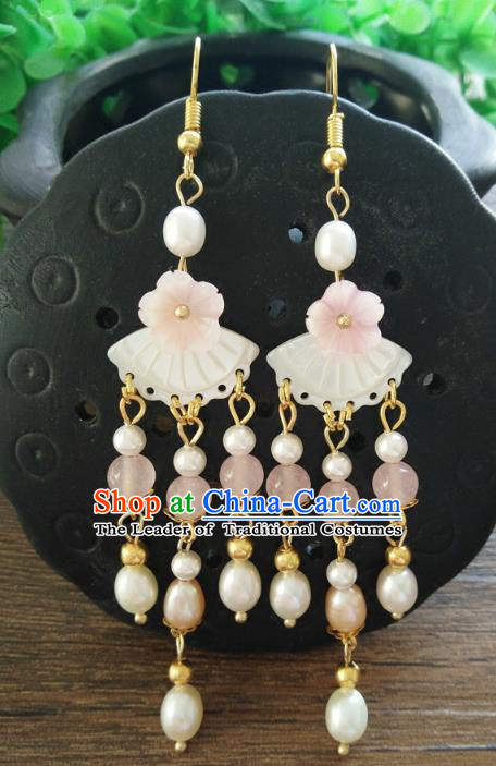Chinese Handmade Accessories Hanfu Shell Pearls Eardrop Ancient Earrings for Women