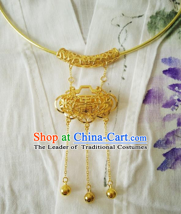 Chinese Ancient Handmade Wedding Golden Longevity Lock Jewelry Accessories Tassel Necklace for Women