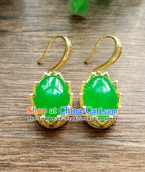 Chinese Handmade Accessories Hanfu Green Jade Eardrop Ancient Earrings for Women