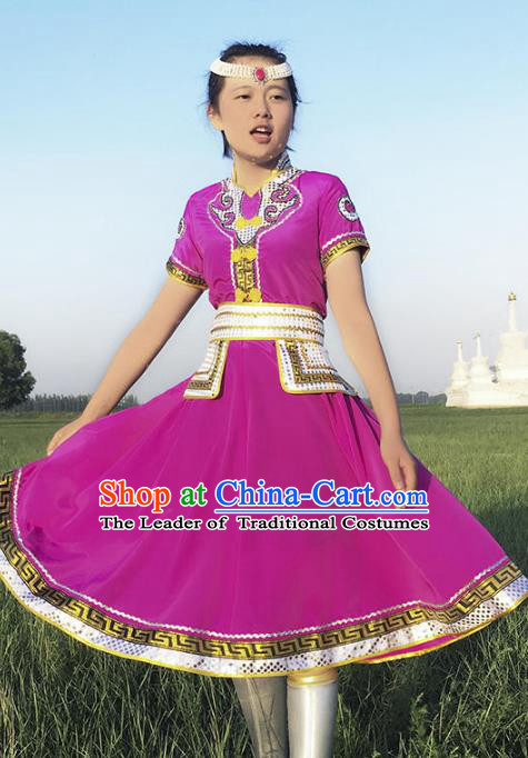 Chinese Mongol Nationality Ethnic Costume Purple Dress, Traditional Mongolian Folk Dance Clothing for Women