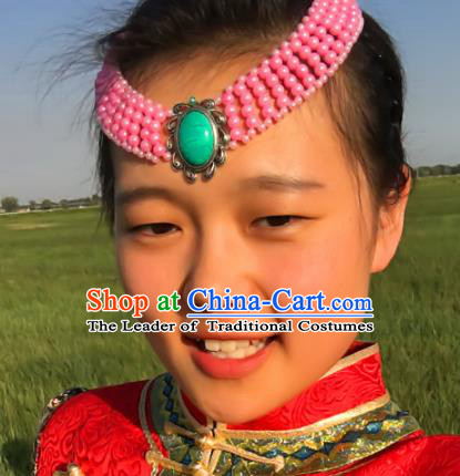 Traditional Chinese Mongol Nationality Princess Pink Beads Hair Accessories, Mongolian Minority Hair Jewelry Dance Headwear for Women