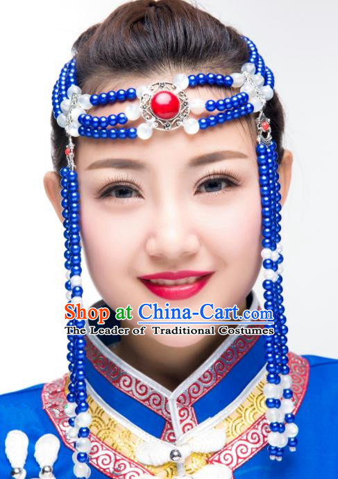 Traditional Chinese Folk Dance Blue Beads Tassel Hair Accessories, Mongolian Minority Hair Jewelry Dance Headwear for Women