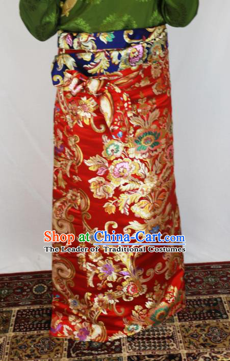 Chinese Traditional Minority Costume Tibetan Red Brocade Skirt Zang Nationality Clothing for Women