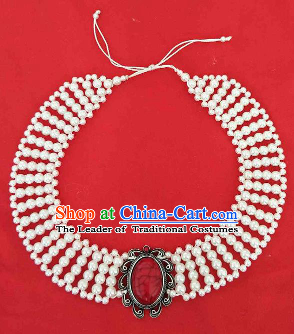 Chinese Traditional Ethnic White Beads Hair Accessories, Mongolian Minority Folk Dance Headwear for Women