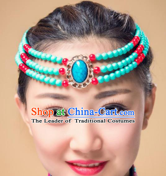 Chinese Traditional Mongol Stage Performance Hair Accessories, Mongolian Minority Folk Dance Green Beads Headwear for Women