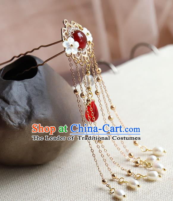 Chinese Ancient Handmade Classical Red Crystal Hair Clip Hair Accessories Pearls Tassel Step Shake Hanfu Hairpins for Women