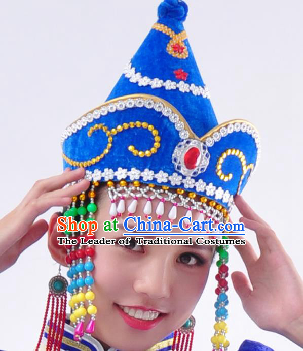 Chinese Handmade Mongol Nationality Wedding Blue Hats Mongolian Bride Hats for Women